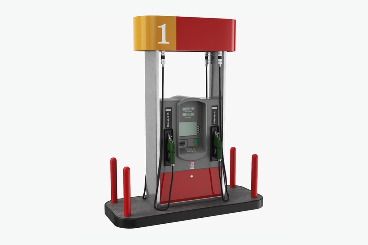 Download Gas Pump with Red and Yellow Canopy and Green Fuel Handles 3D Model