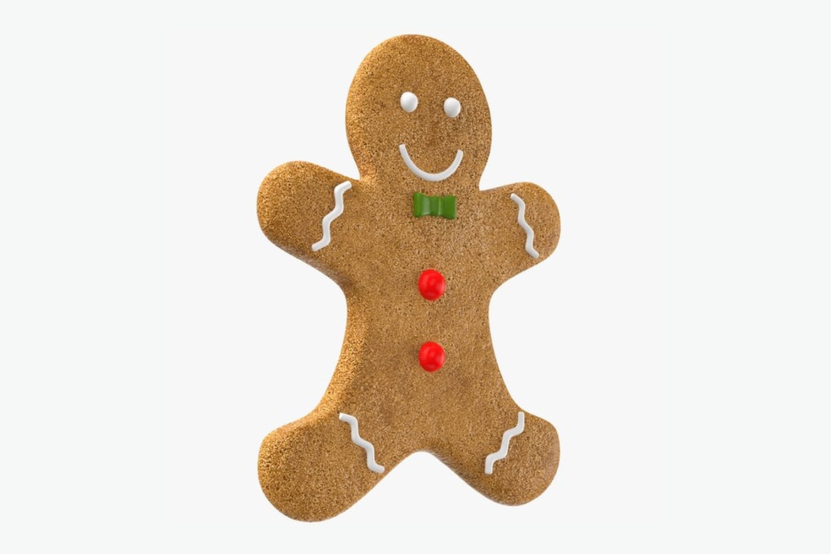 Download Gingerbread Man with Green Bow Tie and Icing Decoration 3D Model