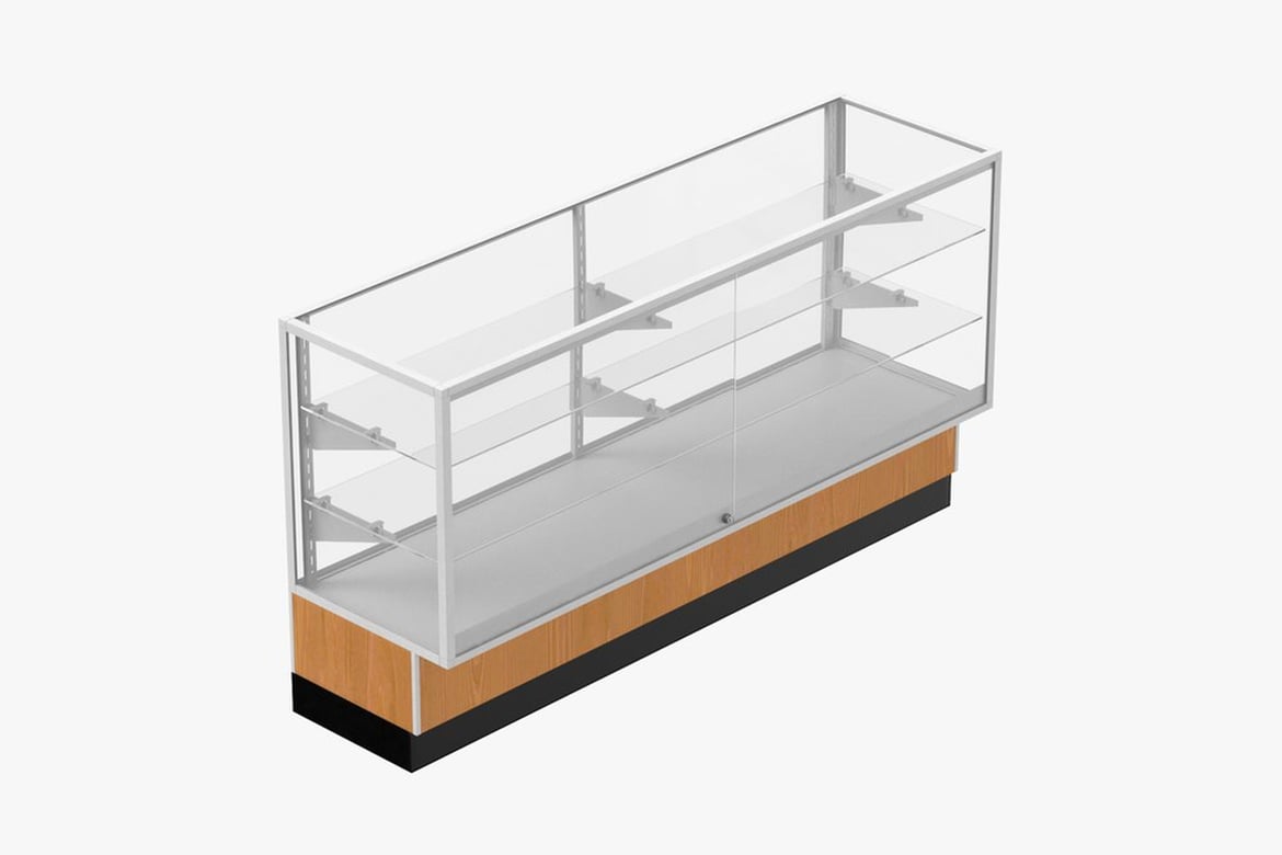 Download Glass Front Lock Display with Shelves 70 Light Wood White Beige Gray and Black, Rectangular Glass and Metal Display Case with Wooden Base 3D Model