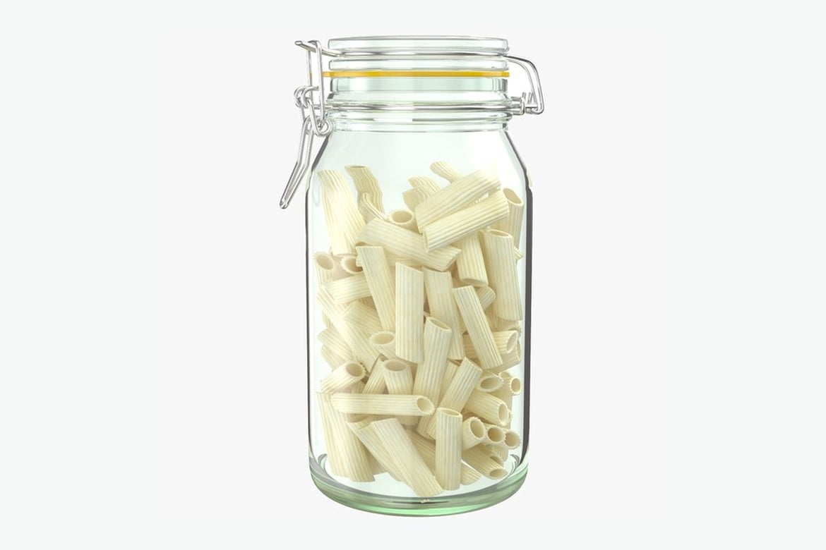 Download Glass Jar Containing Ridged Tubular Pasta 3D Model