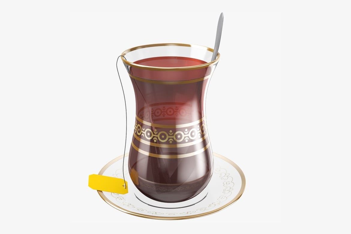 Download Glass Teacup with Gold Rim, Spoon, and Tea Bag on Saucer 3D Model