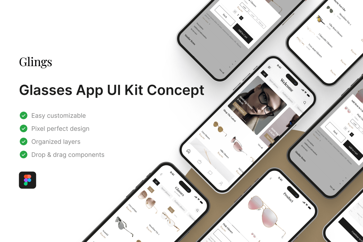 Download Glings - Glasses Store App UI Kit Figma Design