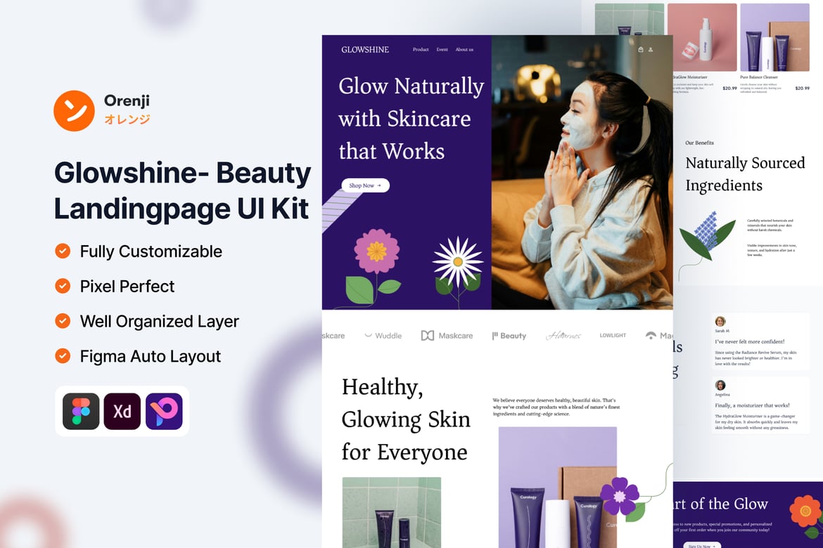 Download Glowshine - Beauty Landing Page UI Kit Figma Design