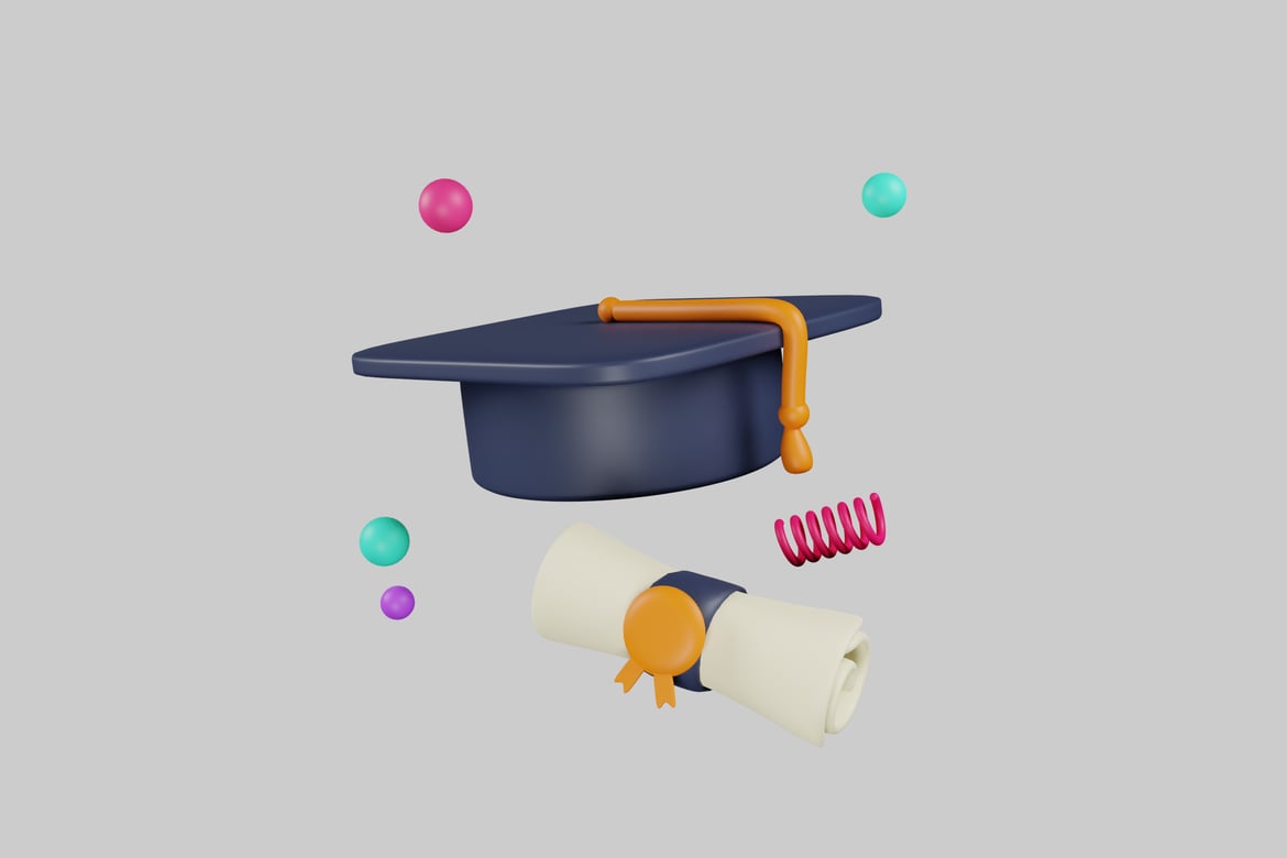 Download Graduation cap and diploma with colorful objects 3D Model