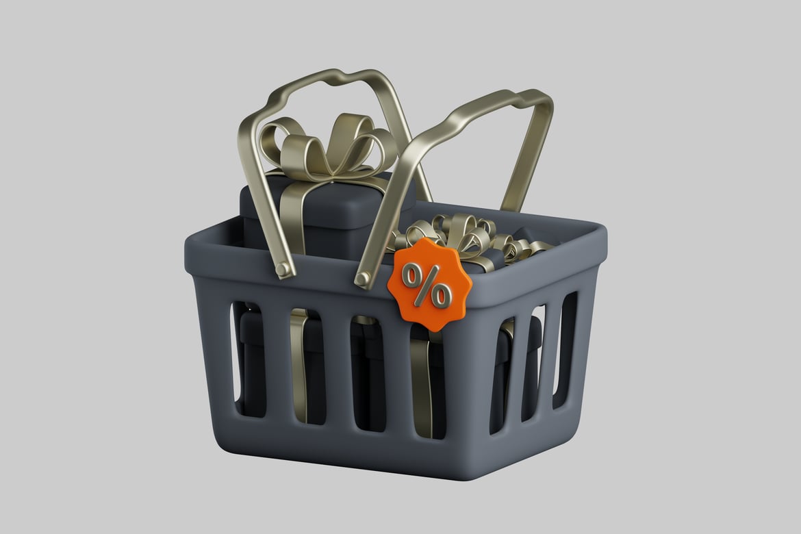 Download Gray shopping basket with gold handle and wrapped gift box 3D Model