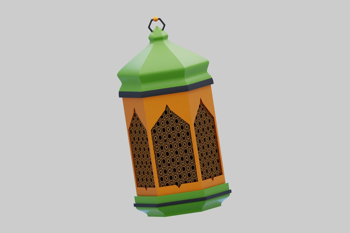 Download Green and orange lantern with black border and decorative windows 3D Model