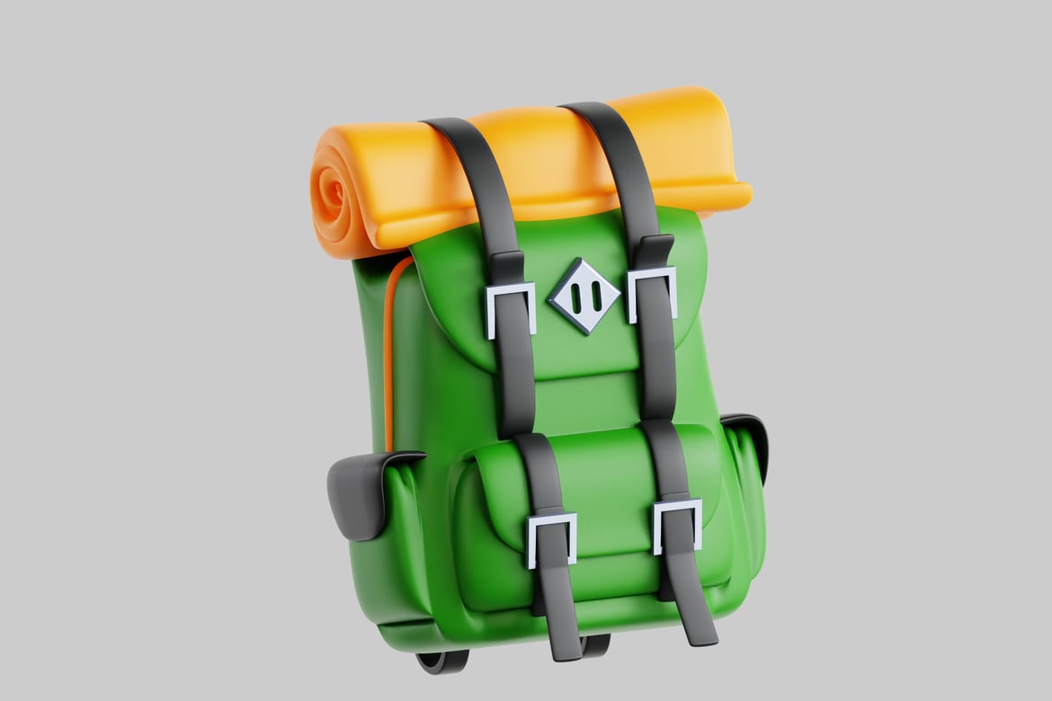 Download Green backpack with yellow sleeping bag 3D Model