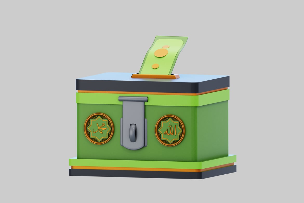 Download Green box with black lid, gold coins and Arabic script. 3D Model