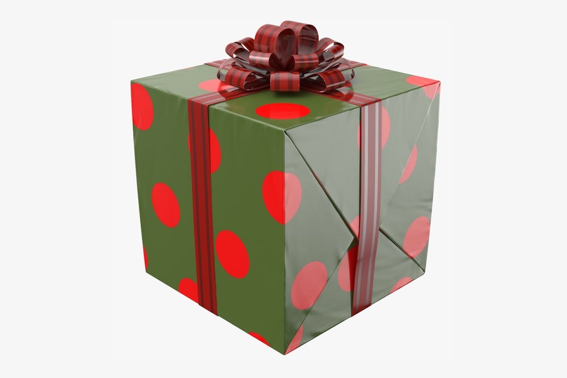 Download Green Gift Box with Red Polka Dots and Striped Ribbon 3D Model