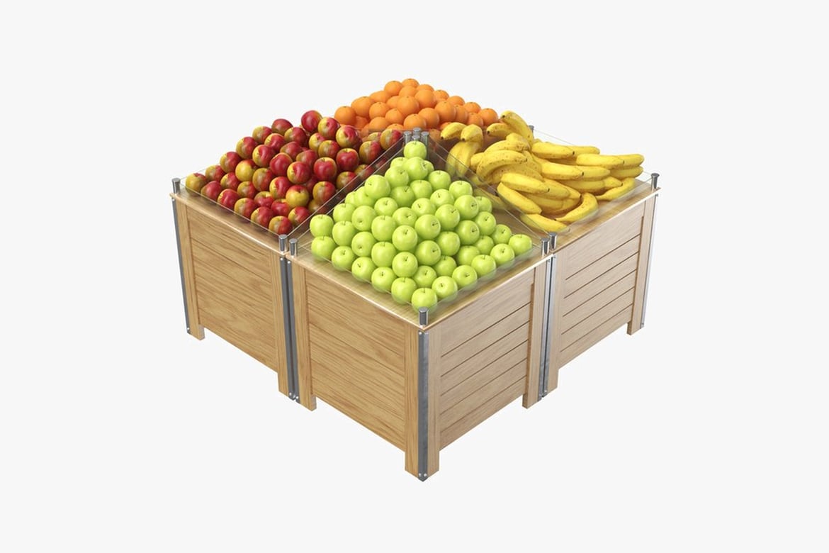 Download Grocery Display Island, Wooden Fruit Stand with Assorted Produce 3D Model