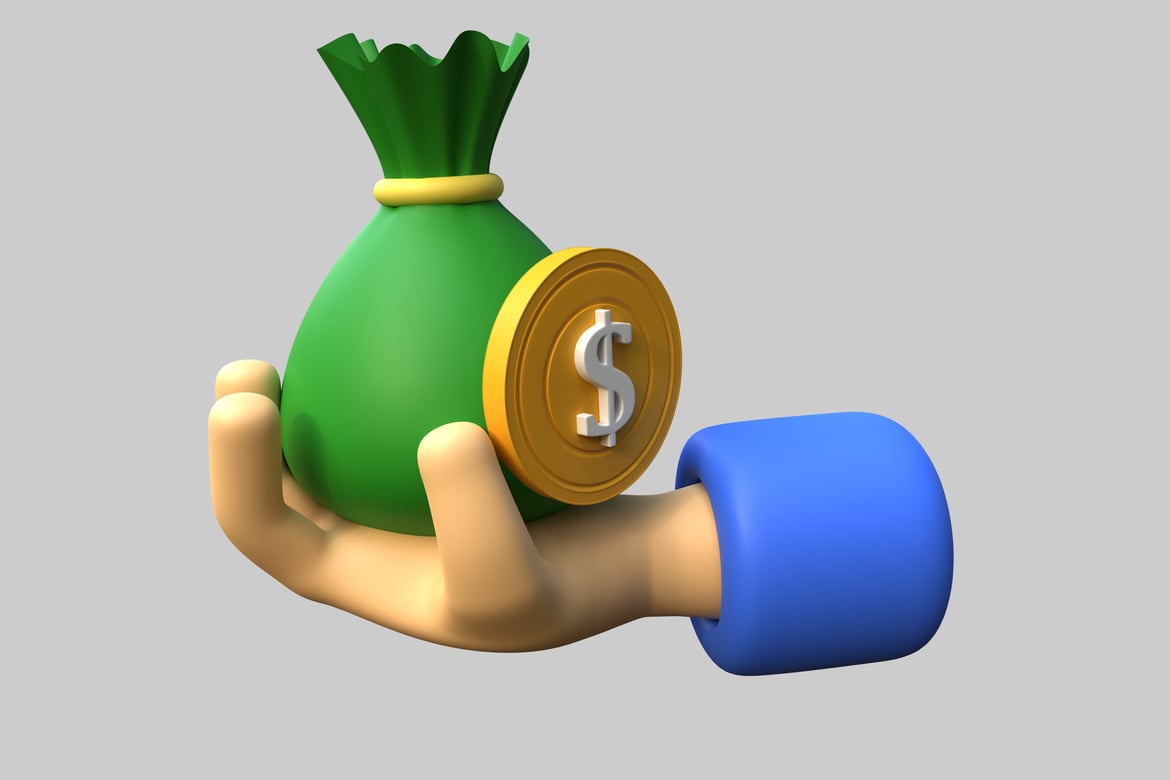 Download Hand holding money bag and coin 3D Model