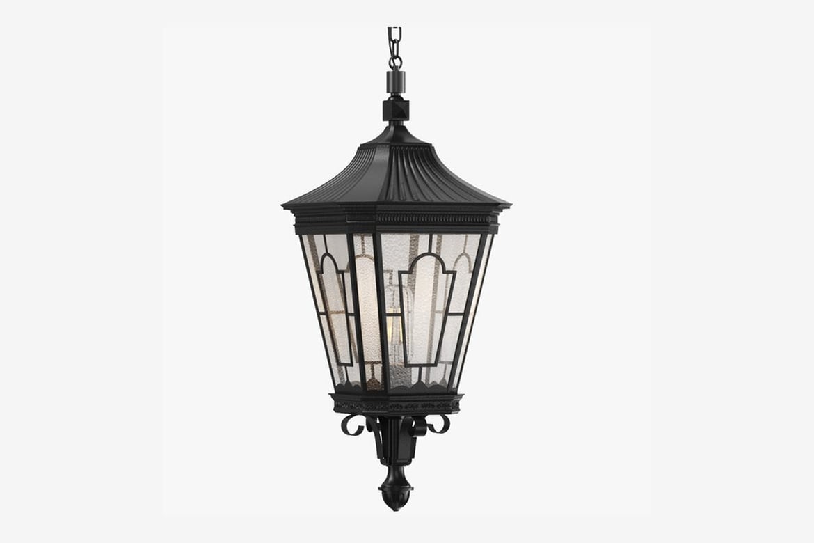 Download Hanging Ceiling Lamp, Black Metal Lantern with Grid Design and Clear Glass Shade 3D Model