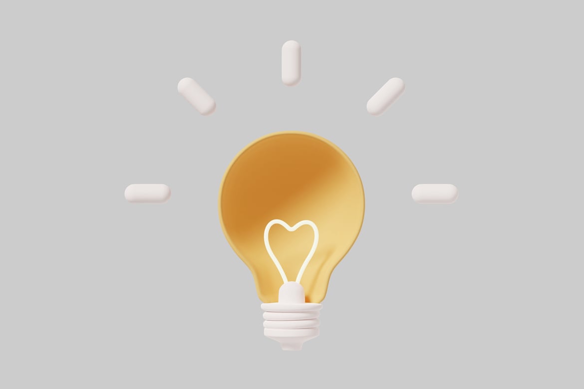 Download Heart-shaped filament lightbulb surrounded by six white oval shapes 3D Model