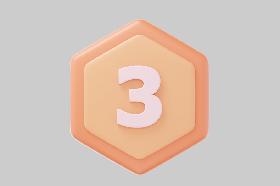 Download Hexagon with peach border and light orange center with number 3 3D Model