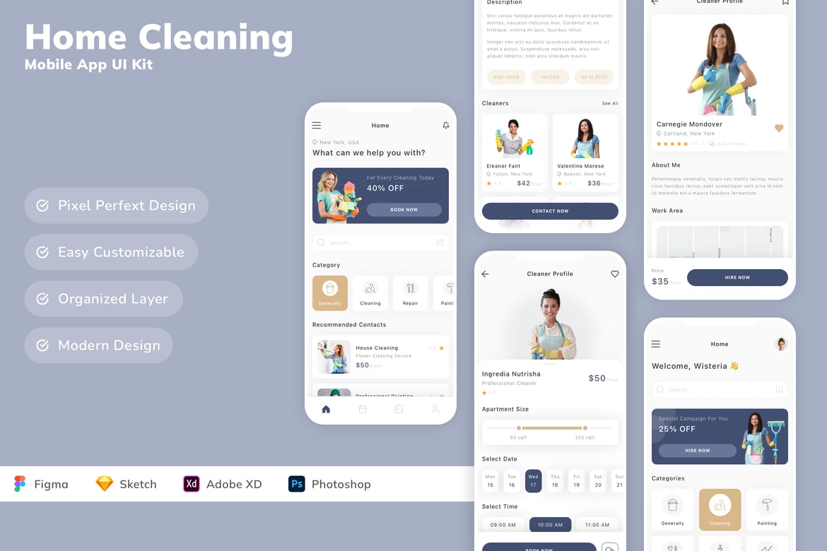 Download Home Cleaning Mobile App UI Kit Figma Design