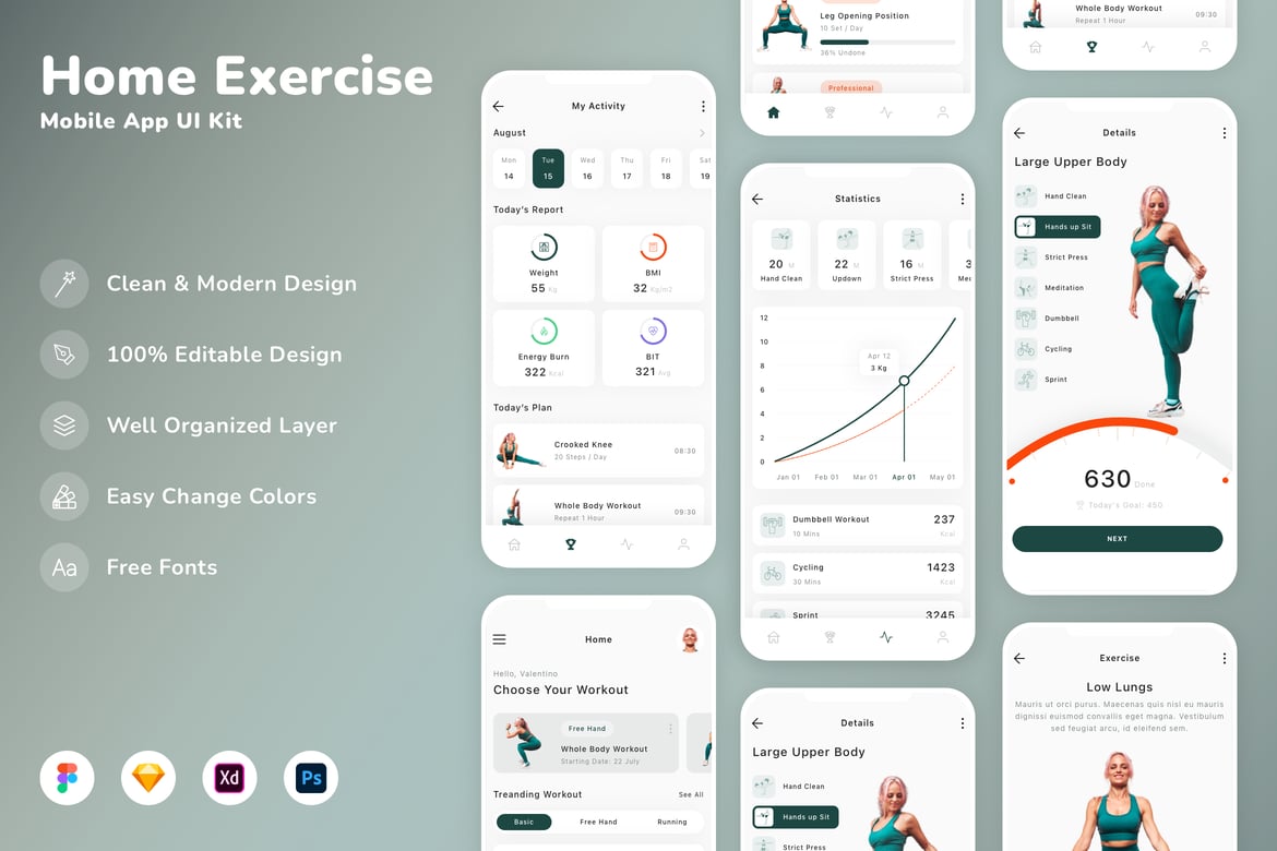 Download Home Exercise Mobile App UI Kit Figma Design