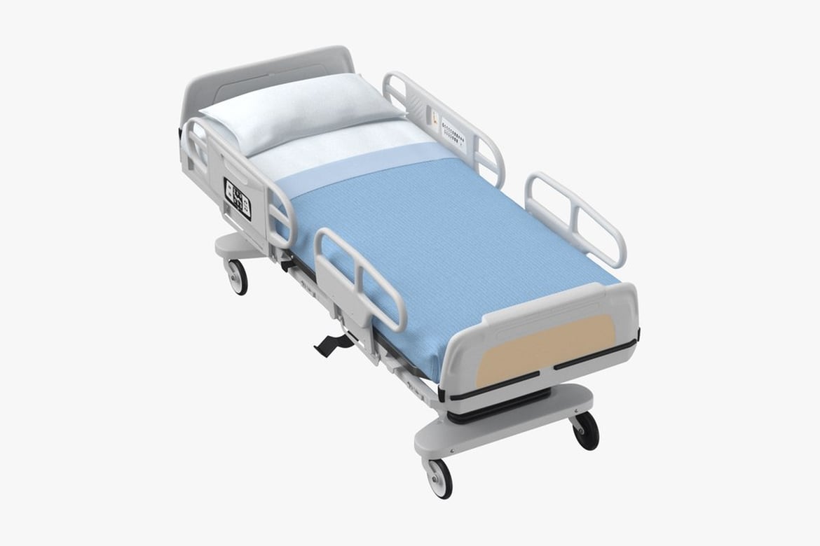 Download Hospital Bed Dressed and Flat, Hospital Bed with Blue Mattress and White Frame 3D Model