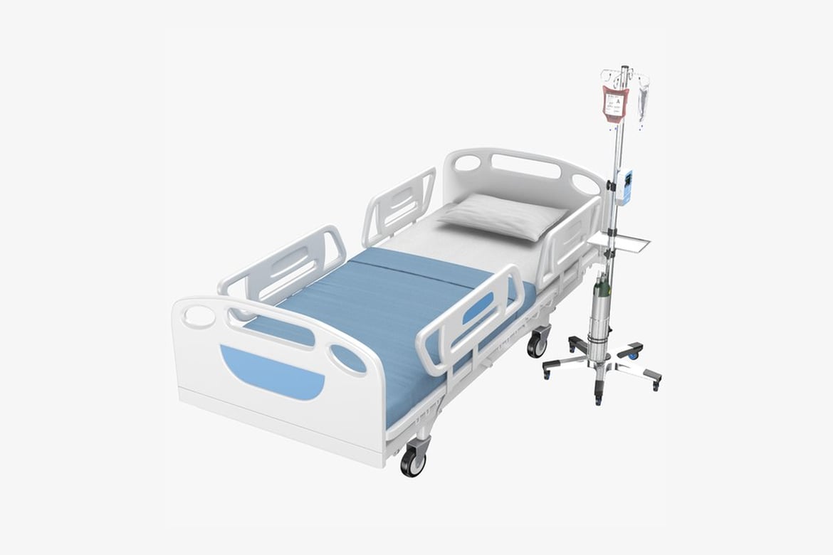 Download Hospital Bed with Iv Pole and Blue Mattress 3D Model