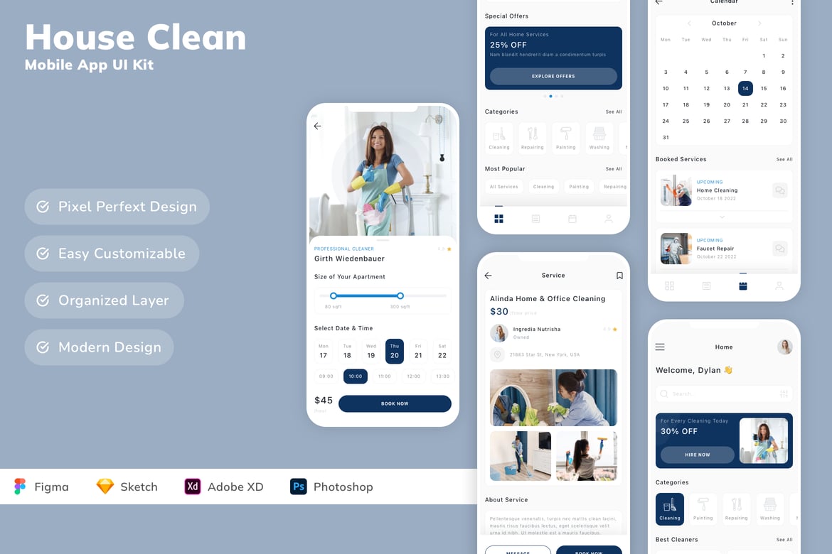 Download House Clean Mobile App UI Kit Figma Design