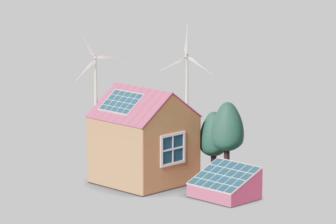 Download House with solar panels and wind turbines 3D Model