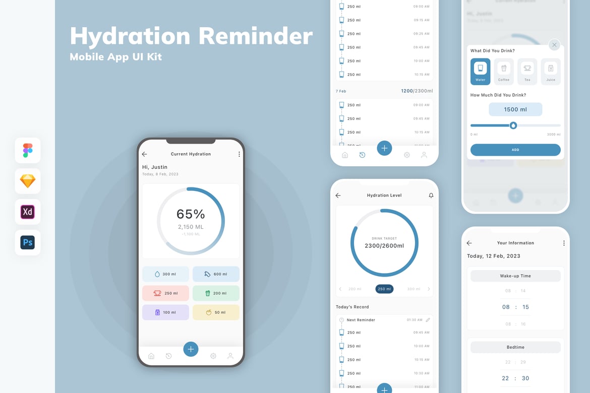 Download Hydration Reminder Mobile App UI Kit Figma Design