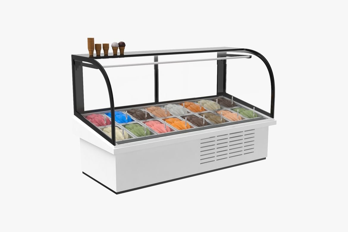 Download Ice Cream Display Freezer, Curved-Top Case with Multicolored Contents 3D Model