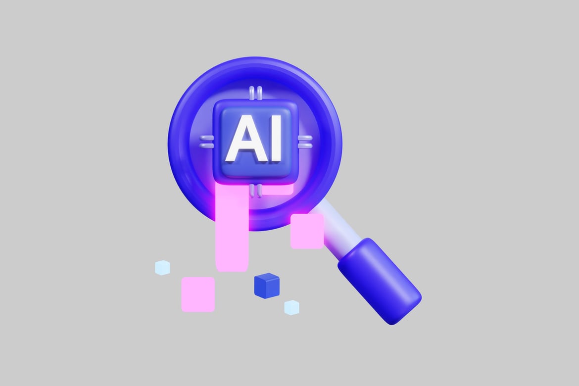 Download Illustration of artificial intelligence with magnifying glass and geometric shapes. 3D Model