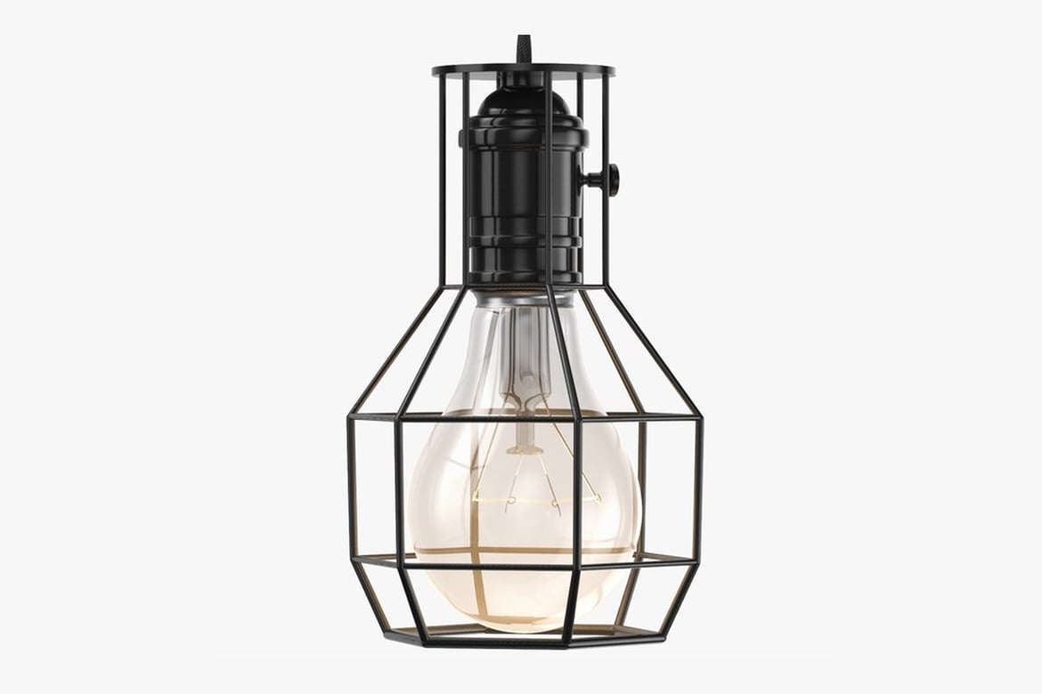 Download Industrial Hanging Lamp, Clear Bulb in Geometric Black Metal Cage 3D Model