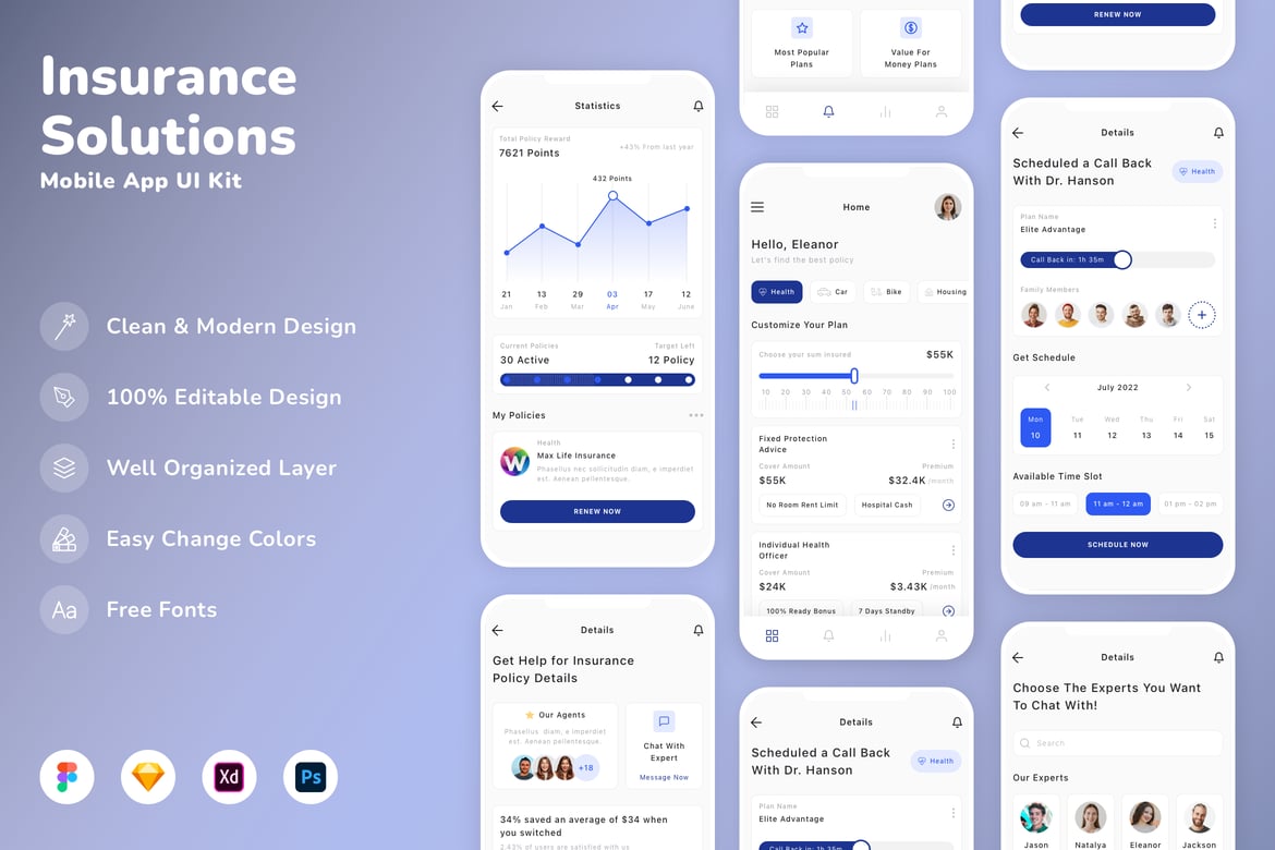 Download Insurance Solutions Mobile App UI Kit Figma Design