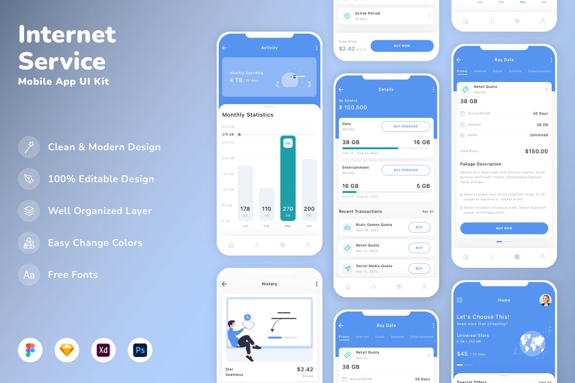 Download Internet Service Mobile App UI Kit Figma Design