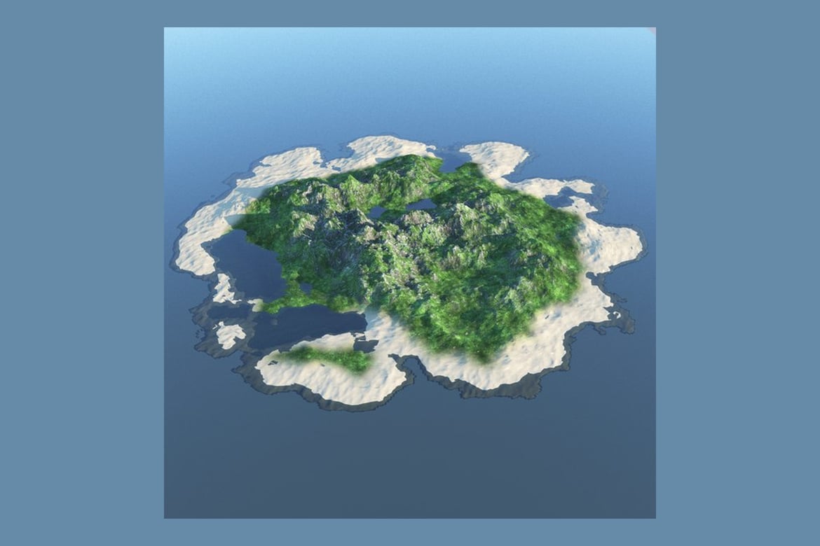 Download Island Terrain, Irregular Green Landmass with Mountains and Calm Blue Waters 3D Model