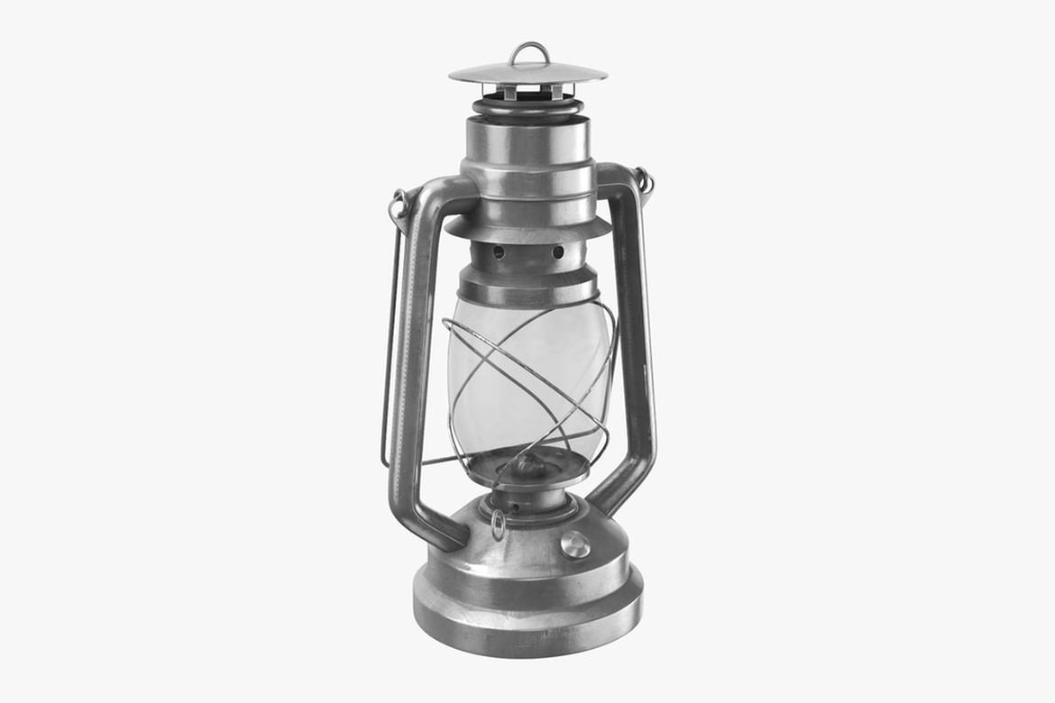 Download Kerosene Hurricane Lantern Lamp, Cylindrical Metal Lantern with Wire-Secured Glass Container 3D Model