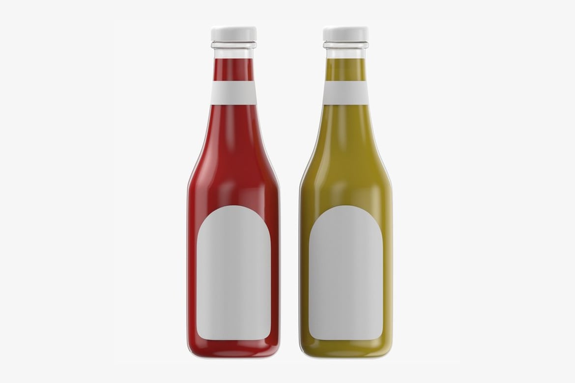 Download Ketchup and Mustard Condiments, Red and Green Bottles with Blank Labels 3D Model