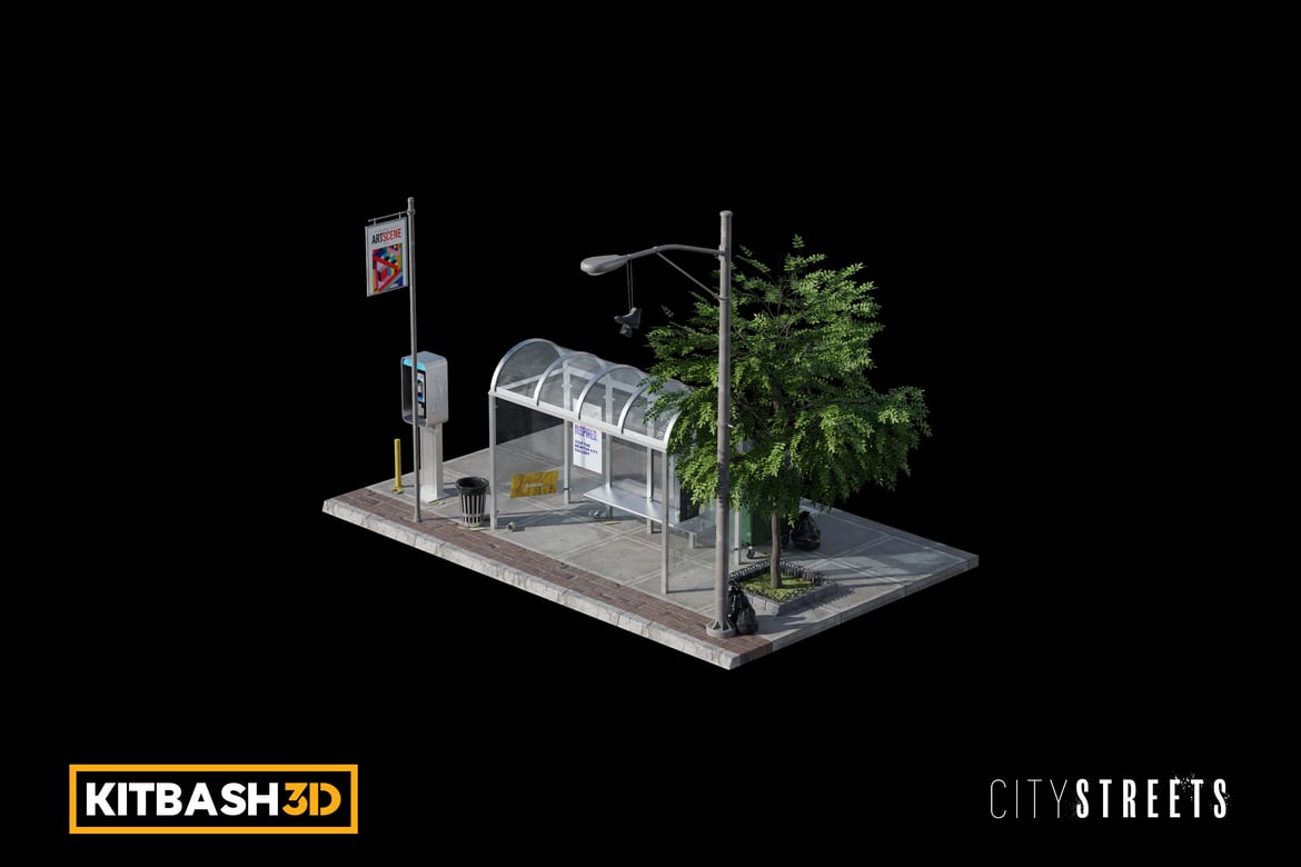 Download Kitbash: City Streets - Bus Stop Sidewalk 3D Model