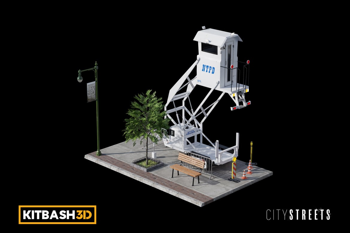 Download Kitbash: City Streets - Parking Lot Security Tower Sidewalk 3D Model