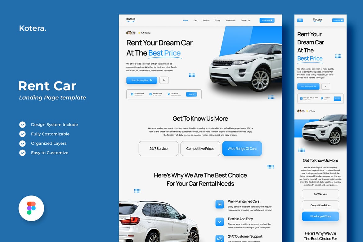 Download Kotera - Rent Car Landing Page Figma Design