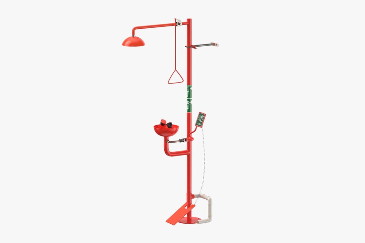 Download Lab Shower, Red Metal Pole Structure with Light, Signage, and Attachments 3D Model