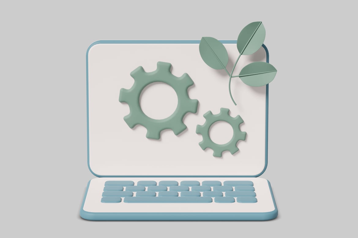 Download Laptop with gear icon and leaves 3D Model