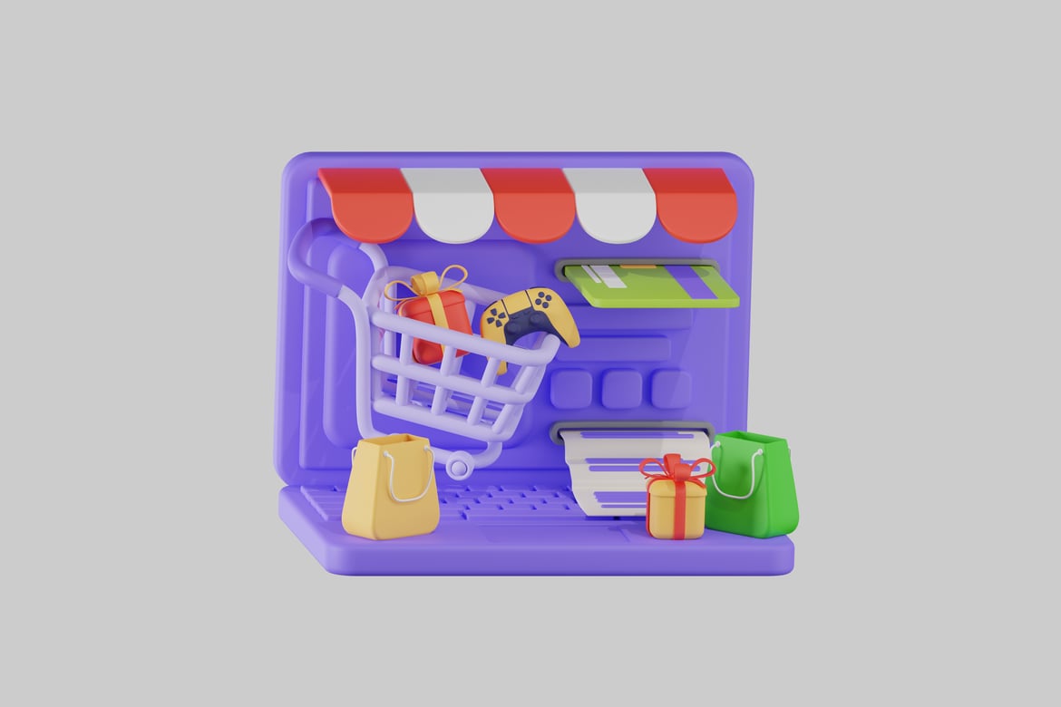 Download Laptop with shopping cart and gifts 3D Model