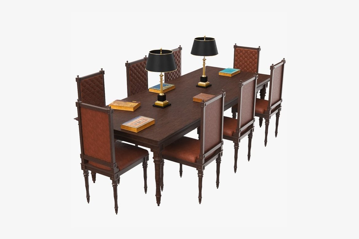 Download Library Table, Dark Wood Dining Set with Lamps and Books 3D Model