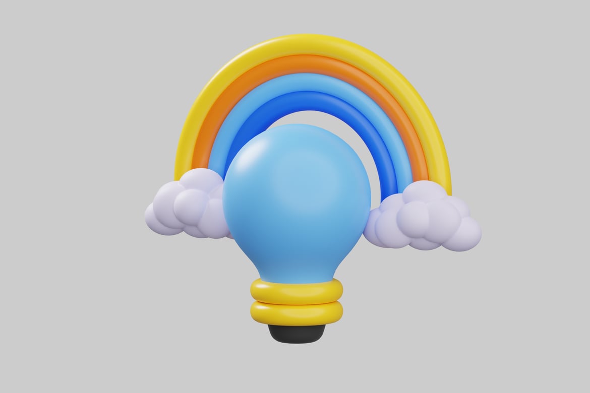 Download Lightbulb with rainbow and clouds 3D Model