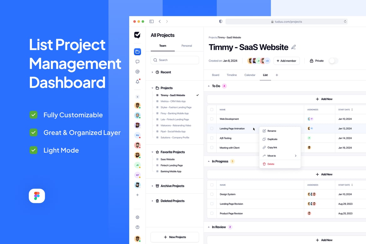 Download List View Project Management Dashboard - Tuduu Figma Design