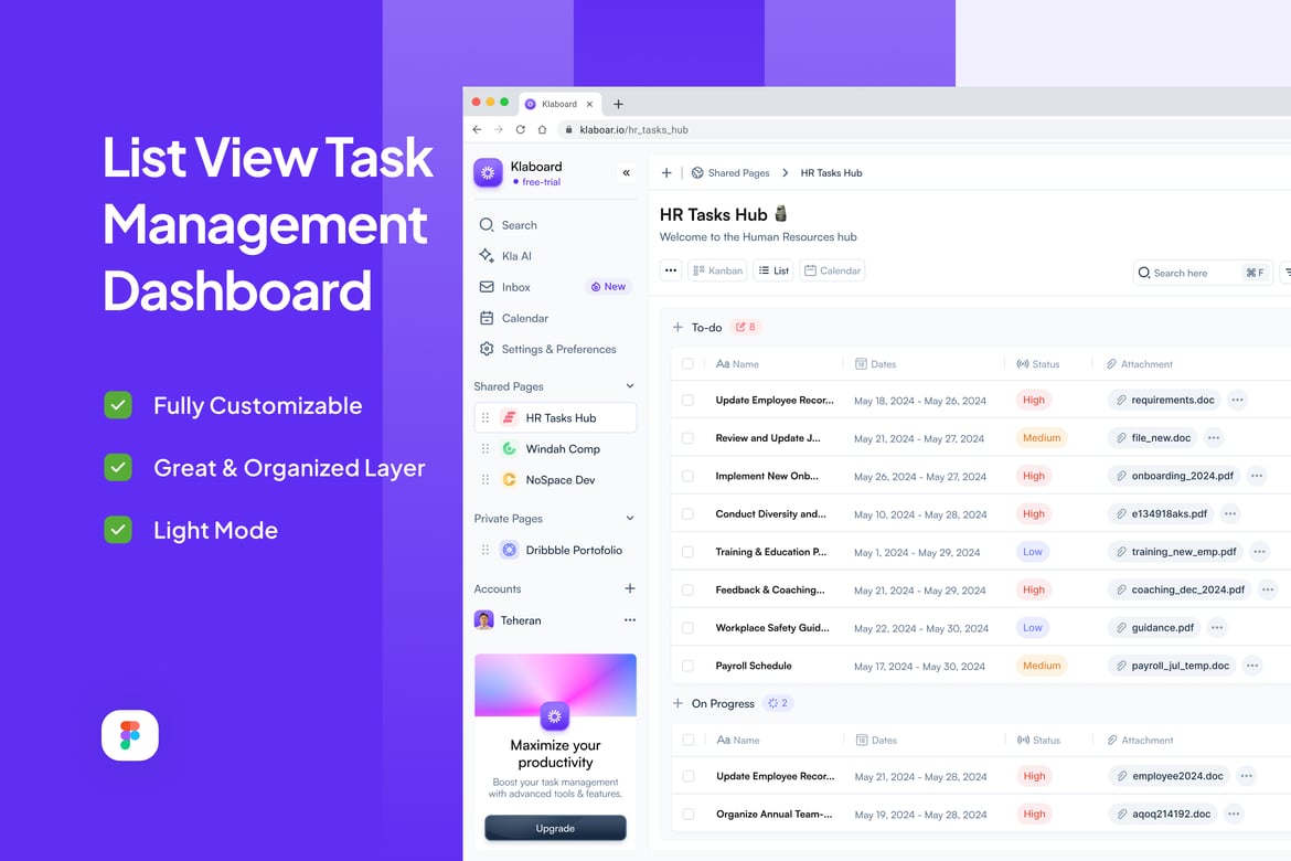 Download List View Task Management Dashboard - Klaboard Figma Design