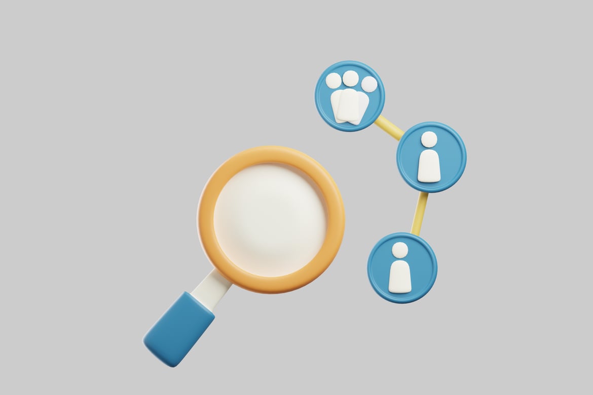 Download Magnifying glass with blue circles and icons. 3D Model