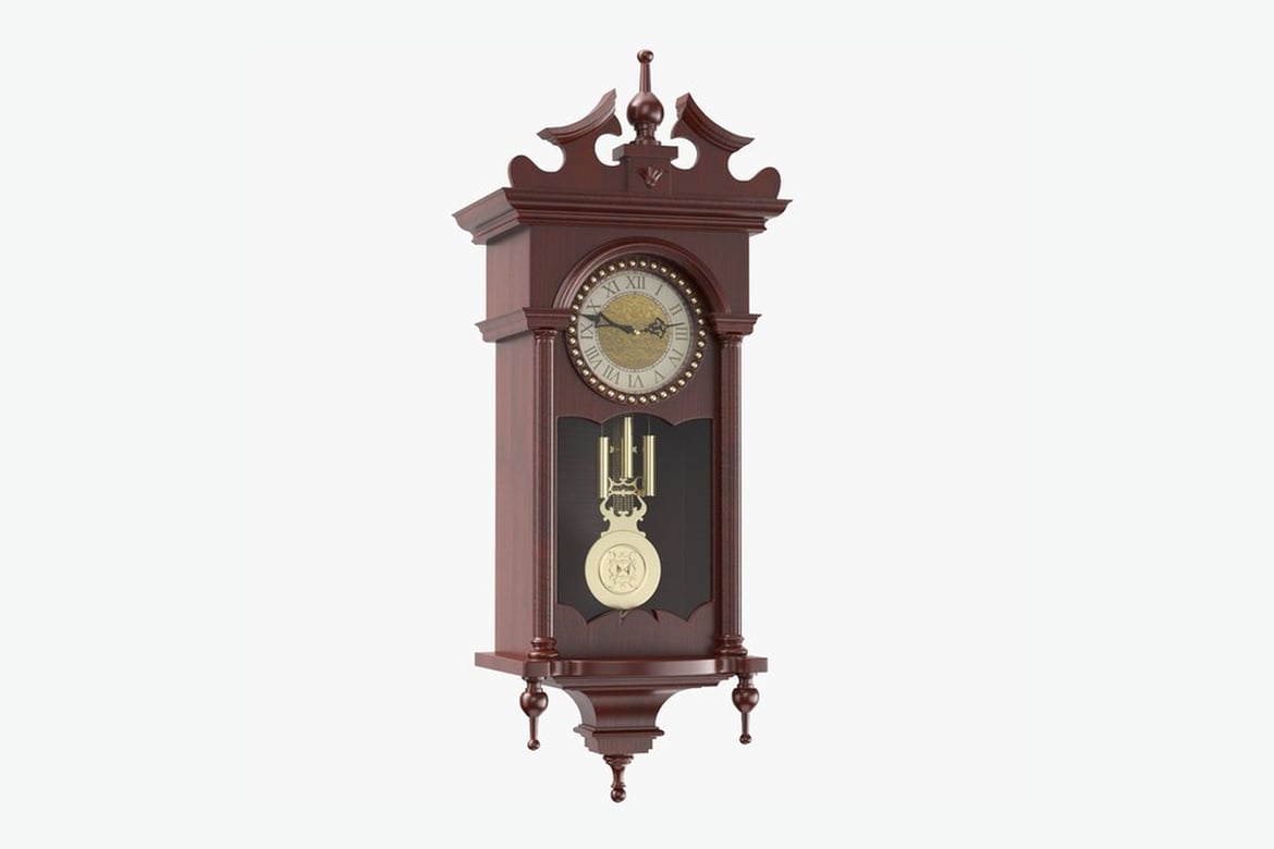 Download Mahogany Wall Clock with Ornate Frame, White Face, and Roman Numerals 3D Model