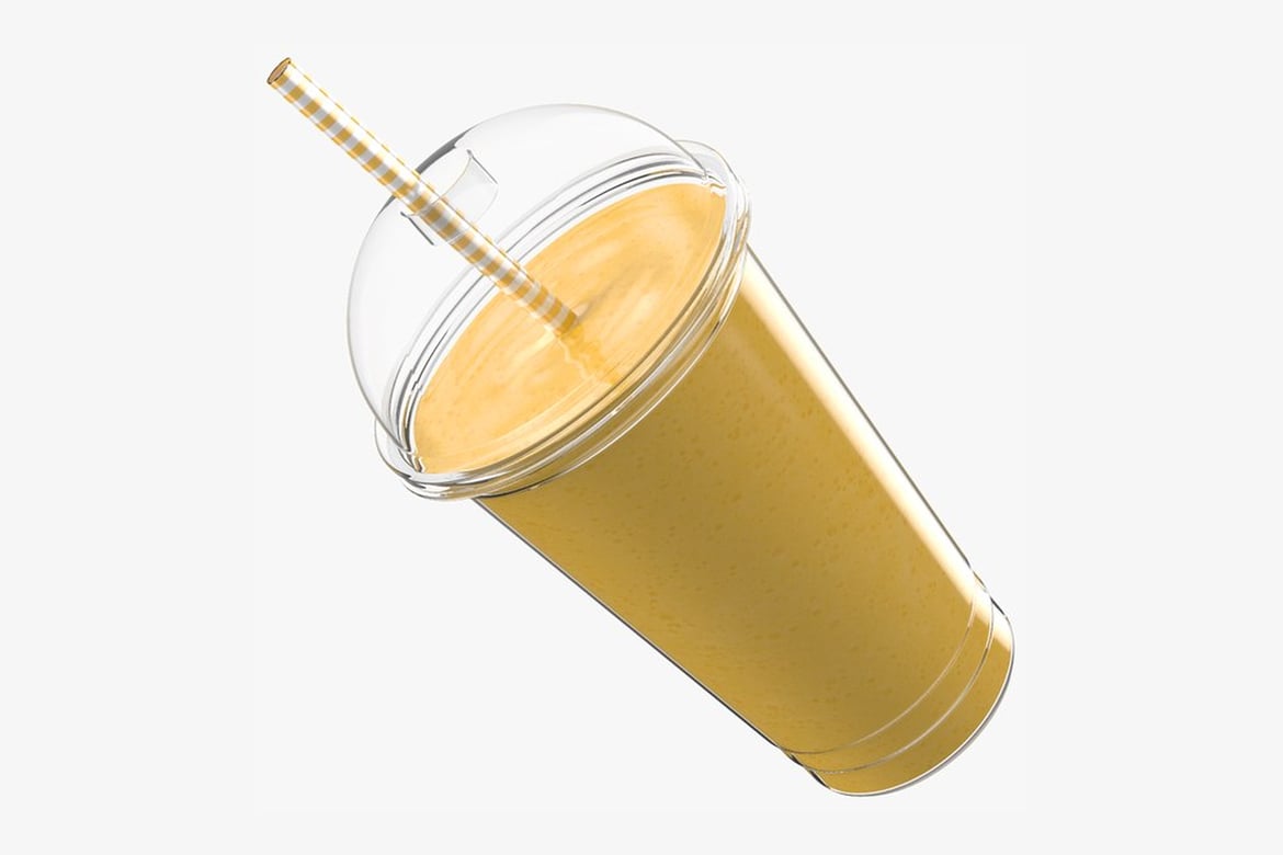 Download Mango Milk Shake, Angled Clear Cup with Yellow Smoothie and Striped Straw 3D Model