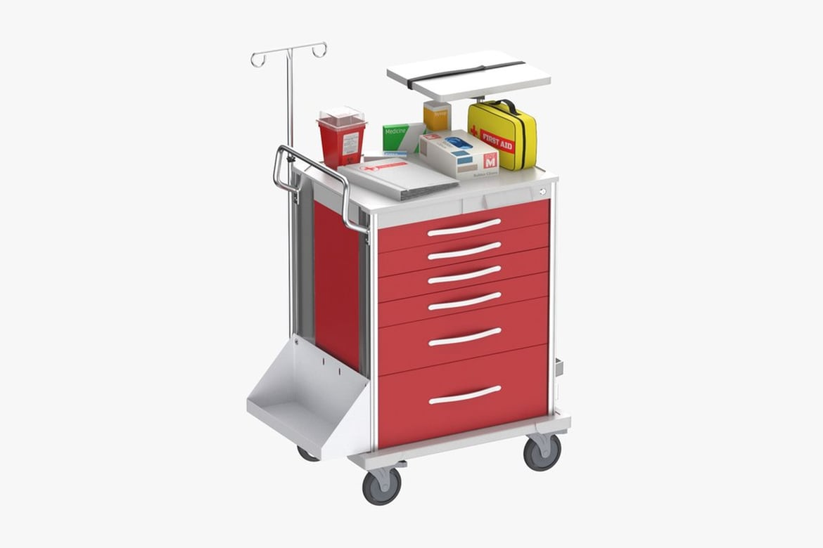 Download Medical Cart with Red Drawers and Supplies 3D Model