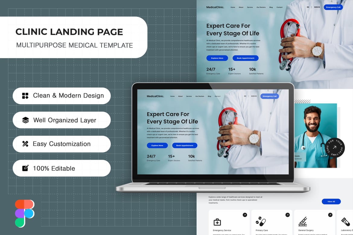 Download Medical Clinic Landing Page Template - UI Kit Figma Design