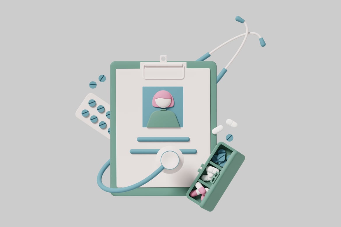 Download Medical clipboard with paper, pills, and stethoscope. 3D Model