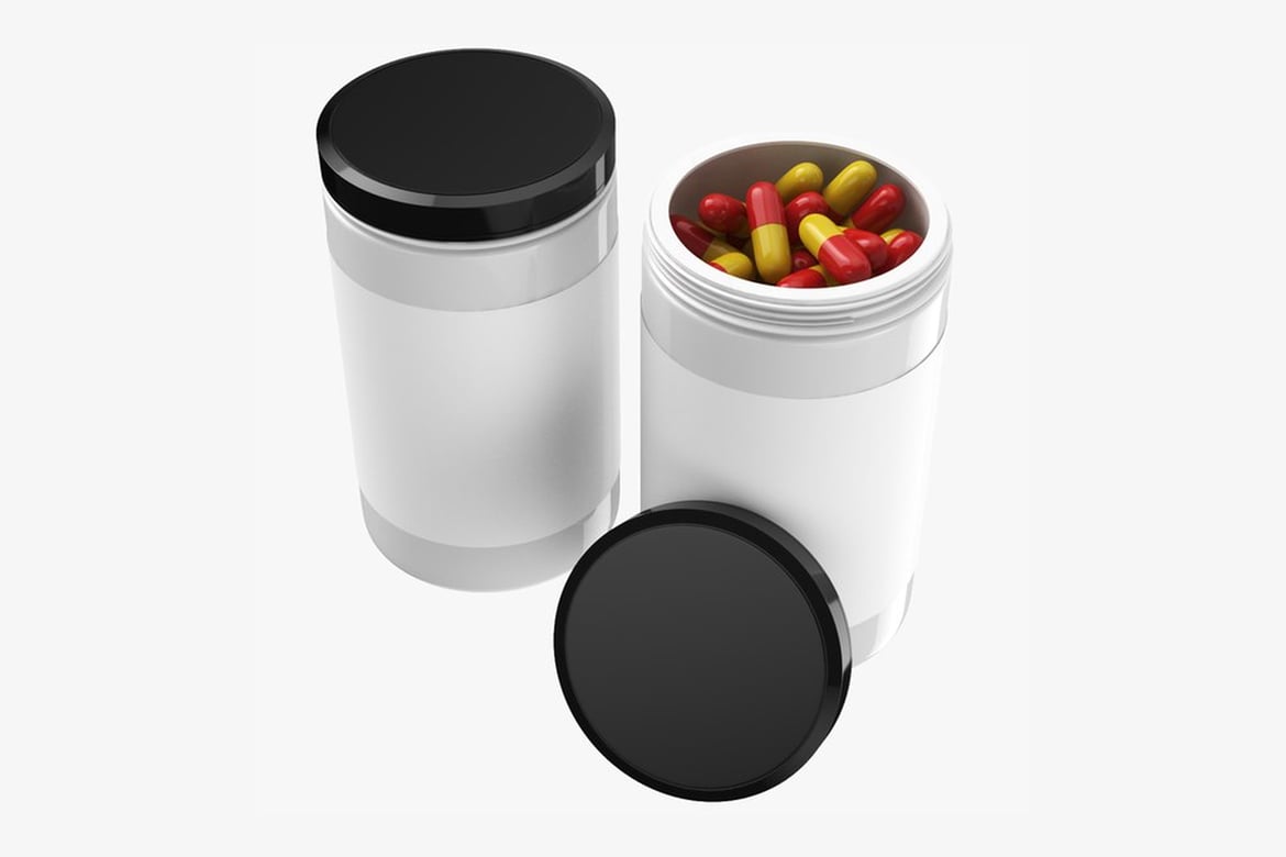 Download Medicine Pills Bottle, White Cylindrical Containers with Red and Yellow Capsules 3D Model